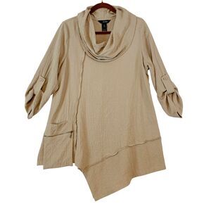 Ali Miles‎ Asymmetrical Top Women's Sz M Tan Gauzy Cowl Neck Boho Lagenlook